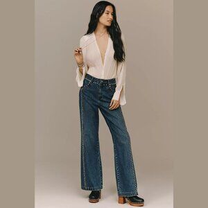 NEW Avec Les Filles Sizes 28, 30 High Rise Studded Wide-Leg Jeans Medium Wash